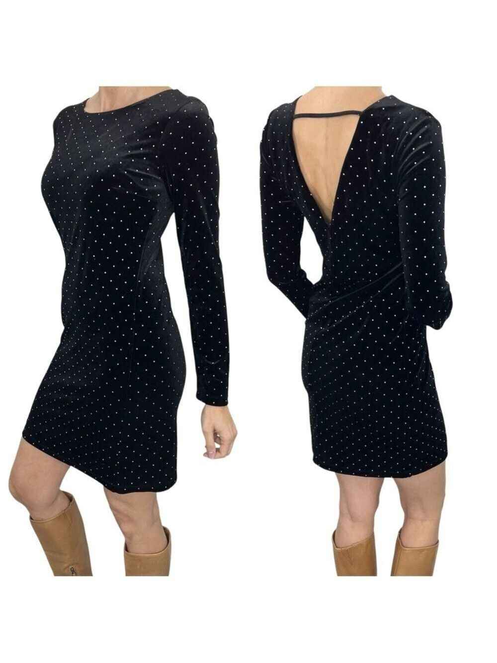 Dex black stretch velour silver studded long sleeve bodycon dress S